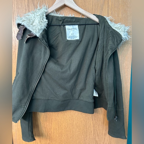 Aeropostale jacket 87 Moto jacket olive green Sherpa faux fur size Small zipper - Picture 11 of 16
